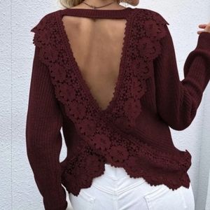 NWT burgundy sweater lace V back with choker across top back medium